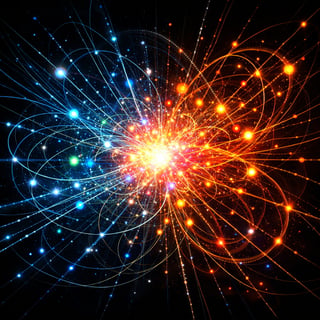 The image captures a stunning digital illustration that embodies the essence of particle physics and quantum mechanics Set against a deep black backdr