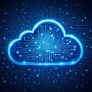 The image depicts a stylized representation of a cloud with a circuit board pattern superimposed over it suggesting a concept of cloud computing or cl