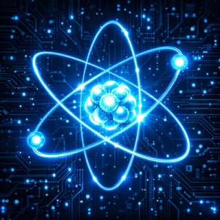 The image depicts a stylized representation of a nuclear atom model with a glowing blue aesthetic The nucleus is glowing with a blue light and the ele