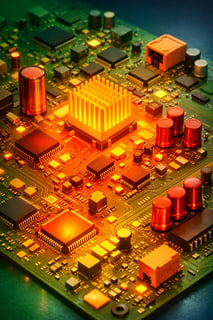 The image is a 3D rendering of a circuit board with various electronic components There are various colors yellow green orange red representing the le-1