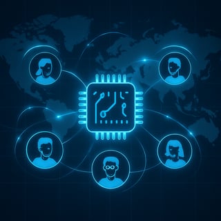 The image showcases a worldwide embedded community The image is in dark blue tone with some light blue effects-1
