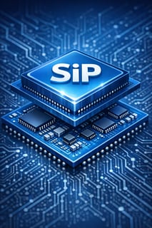 The image shows a stylized illustration of a semiconductor chip with the acronym SiP prominently displayed on the top layer Below the top layer there-2