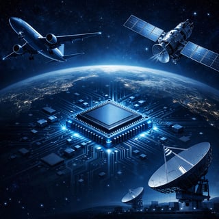 emectronics chip in the middle of a plane a sattelite and a ground satellite communications It is high quality image in dark blue tone we can see the