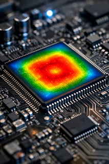 high quality image focusing on an electronic chip We visualize on the chip various colors from green to red representing the thermal levels of the chi-1