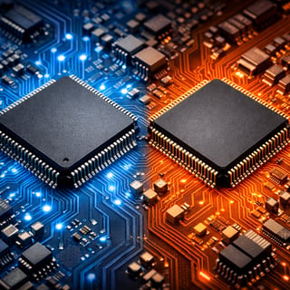 high quality image where we can see FPGA chip with blue electronic background and an ASIC chip just next to it with orange electronic background There-3