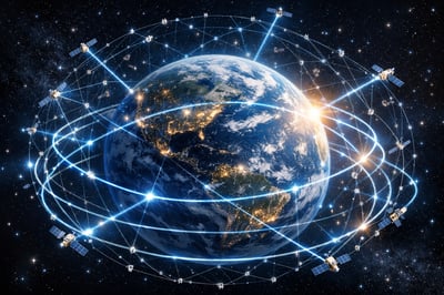 multiple communications connections around the earth thanks to satellites constellation