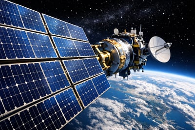satellites bands high quality image where we see a satellite in orbit near the earth and a focus on solar panels There is no text on the image-1
